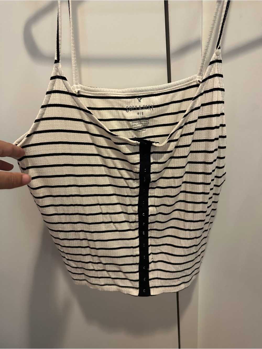 American Eagle White and Black Striped Ribbed Button-Front Cropped Cami